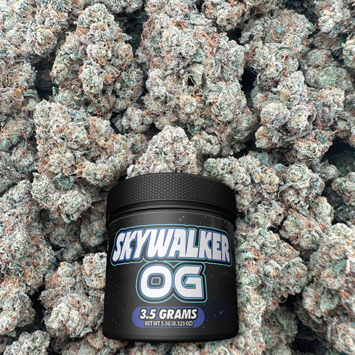 Black jar labeled 'Skywalker OG' on a bed of buds
